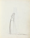 Mrs. Siddons full length profile standing with arms over her head holding a veil