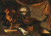 Musical instruments, a globe, book and music sheets on a table
