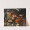 Musical instruments, music scores and books on a table draped with a carpet by School of Bergamo