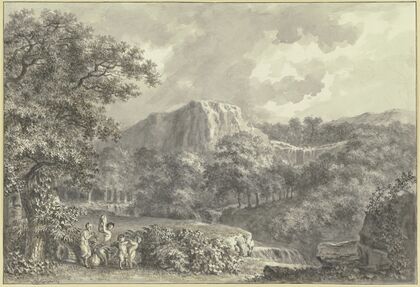 Musizierende Satyrfamilie in bewaldeter Berglandschaft