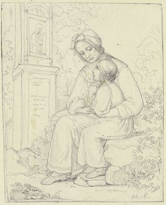 Mutter mit betendem Kind vor einem Bildstock mit einem Madonnenbild