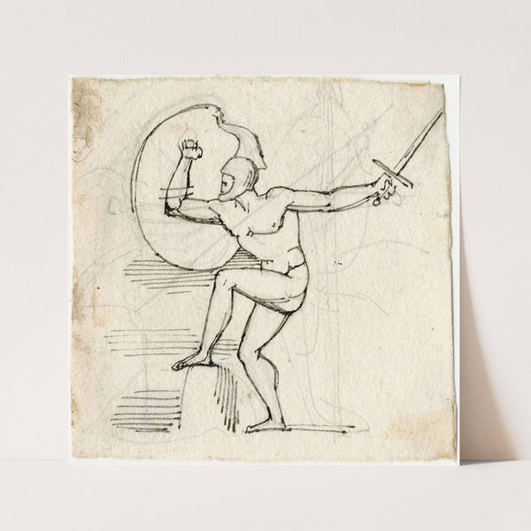 Naakte krijger met schild en zwaard, in gevechtspose by David Humbert de Superville