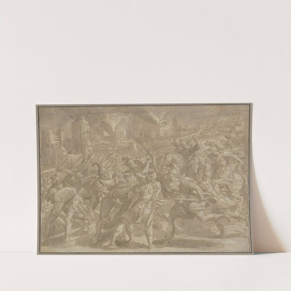 Nächtliches Schlachtgeschehen vor den Toren einer belagerten Stadt in Flammen by Maerten De Vos