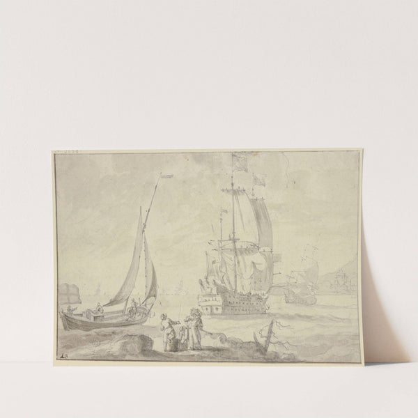 Nah am Strand ein großes Schiff, links am Strand ein absegelndes Boot by Ludolf Backhuysen