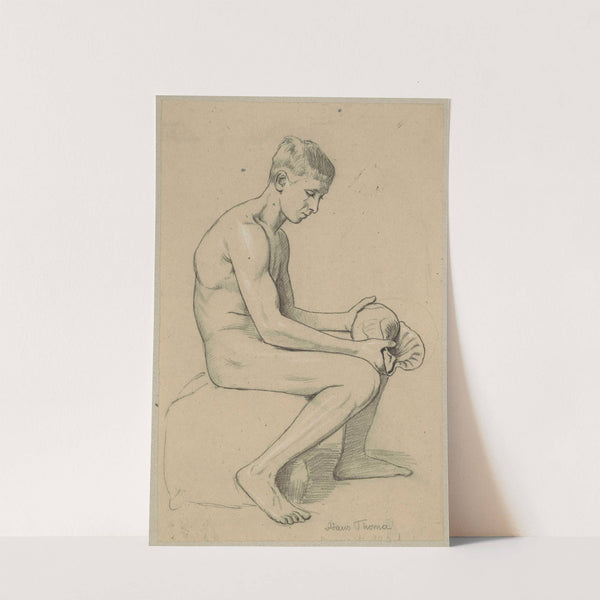 Naked young man with a shell sitting on a stone (1880 - 1900) by Hans Thoma