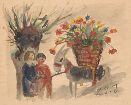 Name day card for Maria Mickiewiczówna with a drawing showing two children leading a donkey with a large basket of flowers on its back (1923)