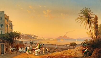 Naples, a lively scene on the promenade at dusk, with Vesuvius in the background