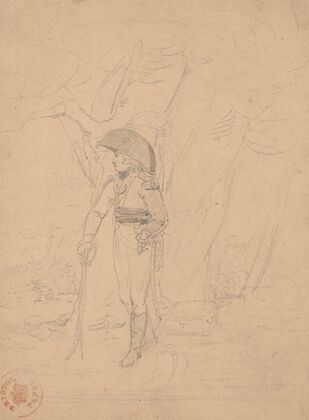 Napoleonic officer standing beside tree and chest