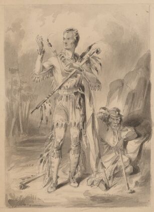 Native American with Caucasian who is wearing Native American attire