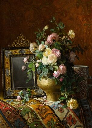 Nature morte au bouquet des roses dans une vase ottomane