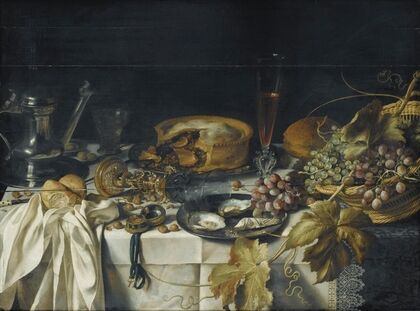 Nature morte au mince pie, panier de raisins, pichet en étain et montre