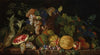 Nature morte aux melons, grenades, raisins, pastèque et autres fruits et légumes sur un entablement