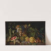 Nature morte aux melons, grenades, raisins, pastèque et autres fruits et légumes sur un entablement by Filippo Lauri