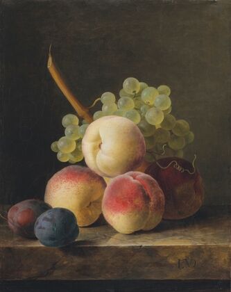 Nature morte aux pêches, raisins et quetsches sur un entablement — size preview