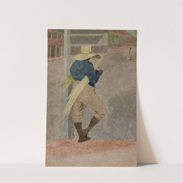 Negro man in straw hat, standing, stripping cane by William Berryman