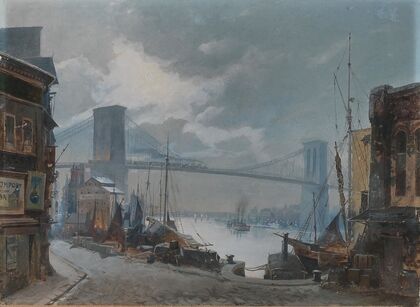 New York Scene, View of the Brooklyn Bridge which was opened in 1883, South Street in the foreground