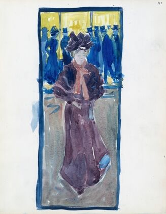 Night scene with a woman walking and men in top hats in the background (1895–1897)