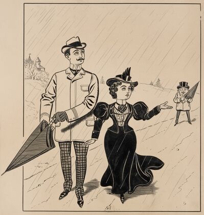 Six comic strip frames of two chivalrous men with woman in rain storm Pl.2 (1897)