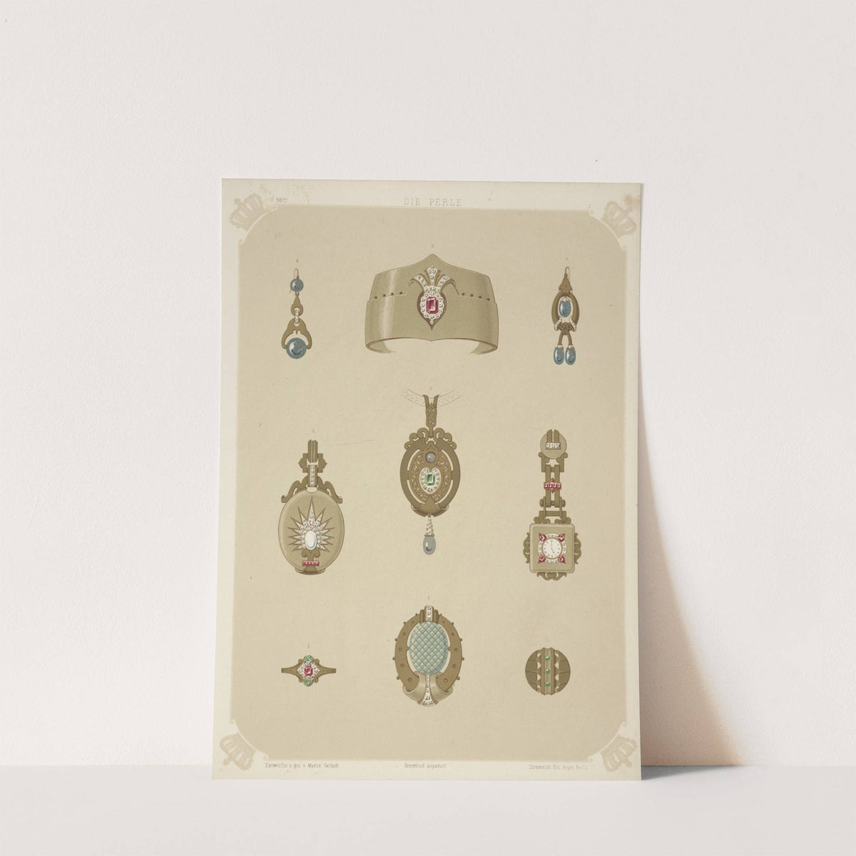 Nine Designs For Jewelry, Including Pointed Gold Bracelet With Red Stone And Diamonds. (1872 - 1873) by Martin Gerlach