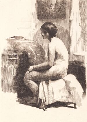 Nøgen kvindelig model, siddende i et værelse (1864 - 1917)