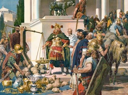 Nordic military men negotiating with Romans over gold, silver bowls and coins