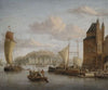 Nördlicher Hafen an einem Schloss mit zahlreichen Lastbooten und Kaufleuten