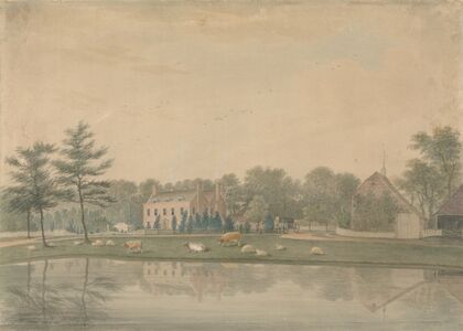 North East View of a House at Ringmer with Cattle and Sheep by a Pond