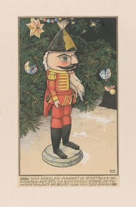 Notenkraker in een huzarenmantel bij een kerstboom