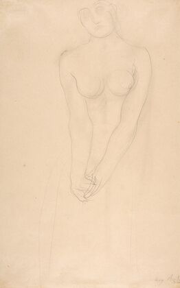 Nude female figure standing with clasped hands