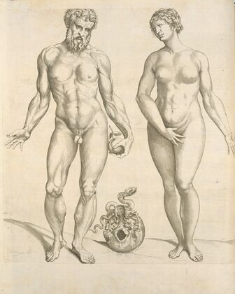 Nude male with an apple in his left hand, and a modest female