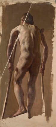 Nude of an old man leaning on crutches, back view