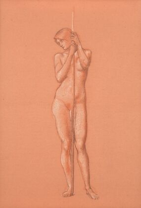 Nude study for attendant figure holding a spear in The Sleep of Arthur in Avalon