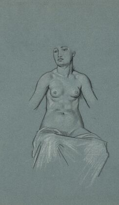 Nude woman, seated, with sheet draped over her legs