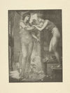 Nude woman stands on stool, arms locked with woman beside her clothed in sheer dress, doves at her feet