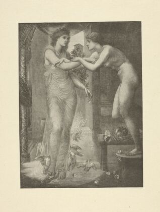 Nude woman stands on stool, arms locked with woman beside her clothed in sheer dress, doves at her feet
