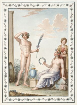 Nude youth holding palm branch, partially nude woman holding wreath. (1783) — size preview