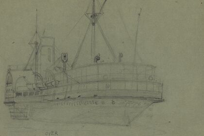 Oblique view of sidewheel steamship