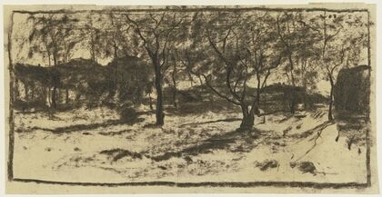 Obstbäume im Schnee, im Hintergrund Häuser