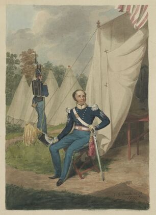 Officer from the First Troop, Philadelphia, seated by a tent in which a writing desk is visible