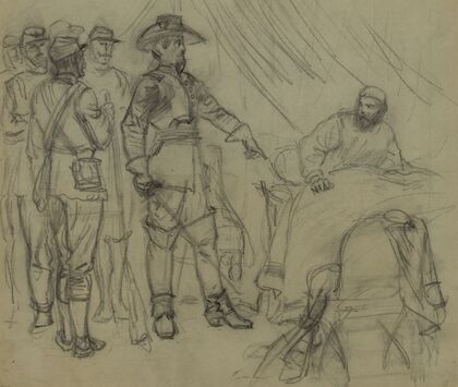 Officer pointing to man in bed in a tent