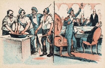 Officier te midden van arbeiders en aan tafel bij hooggeplaatste mannen
