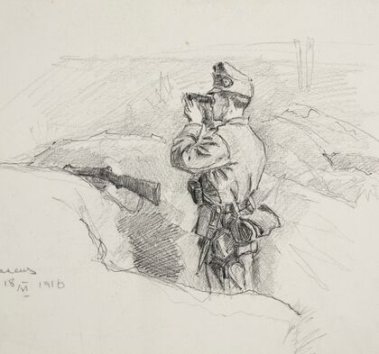 Oficer Legionu Ukraińskich Strzelców Siczowych (1914-1920) w okopie obserwujący przez lornetkę przedpole