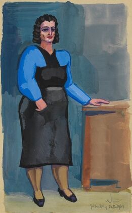Ohne Titel (Frau in blauer Bluse und schwarzem Kleid)