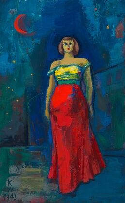 Ohne Titel (Frau in gelb-rotem Kleid)