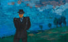 Ohne Titel (Mann mit schwarzem Anzug und Hut in Landschaft)