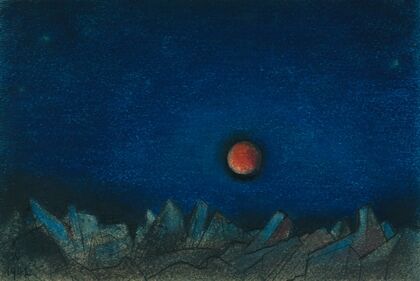 Ohne Titel (Roter Mond über Trümmerlandschaft)