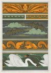 Oiseaux. Libellules. Mouches. Chauve-souris. Écureuils et noisettes. Cygnes, bordures.