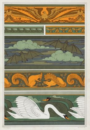 Oiseaux. Libellules. Mouches. Chauve-souris. Écureuils et noisettes. Cygnes, bordures.