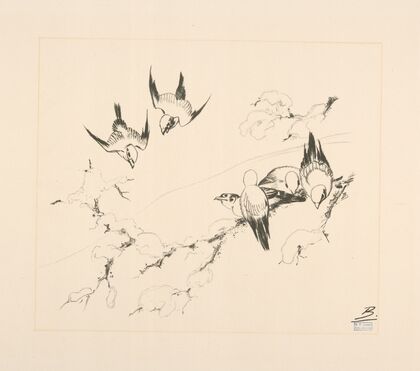 Oiseaux sur une branche d’arbre couverte de neige. (1866 - 1878)