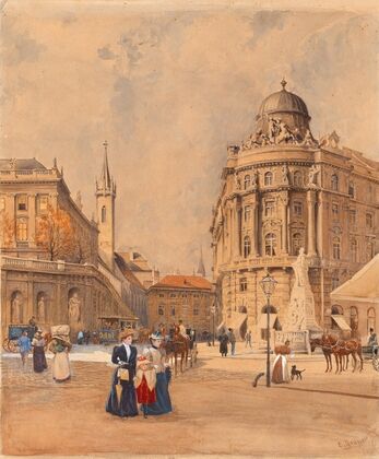 Old Albrechtsplatz (today Albertinaplatz) in Vienna with the Philipphof and the Mozart monument — size preview